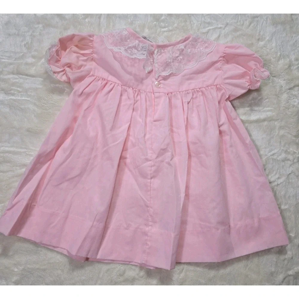 Vintage MyFair Pink Baby Dress Lace Collar Puff Sleeve 18 Months